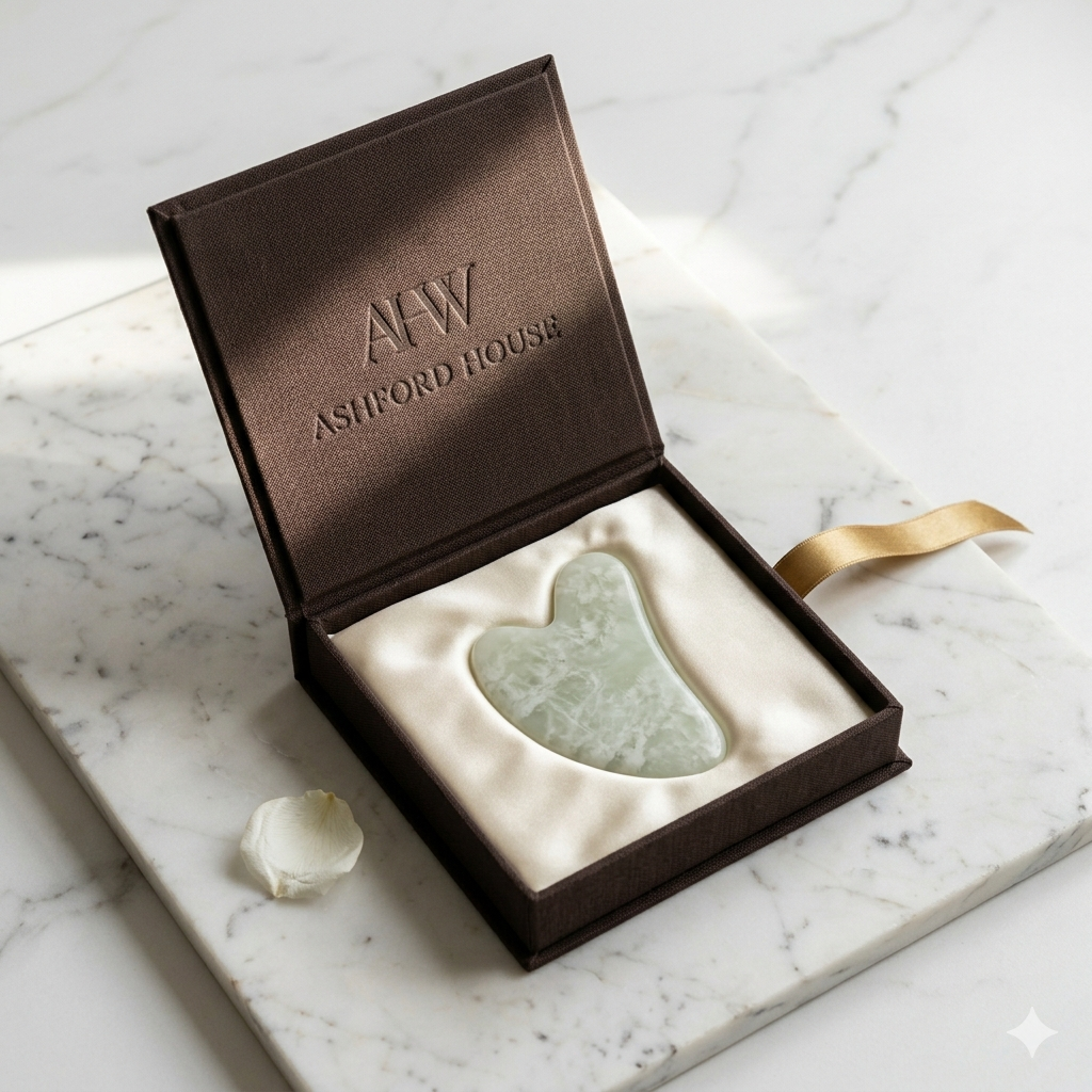 Pierre Ashford posée sur surface naturelle — outil de drainage facial en jade blanc